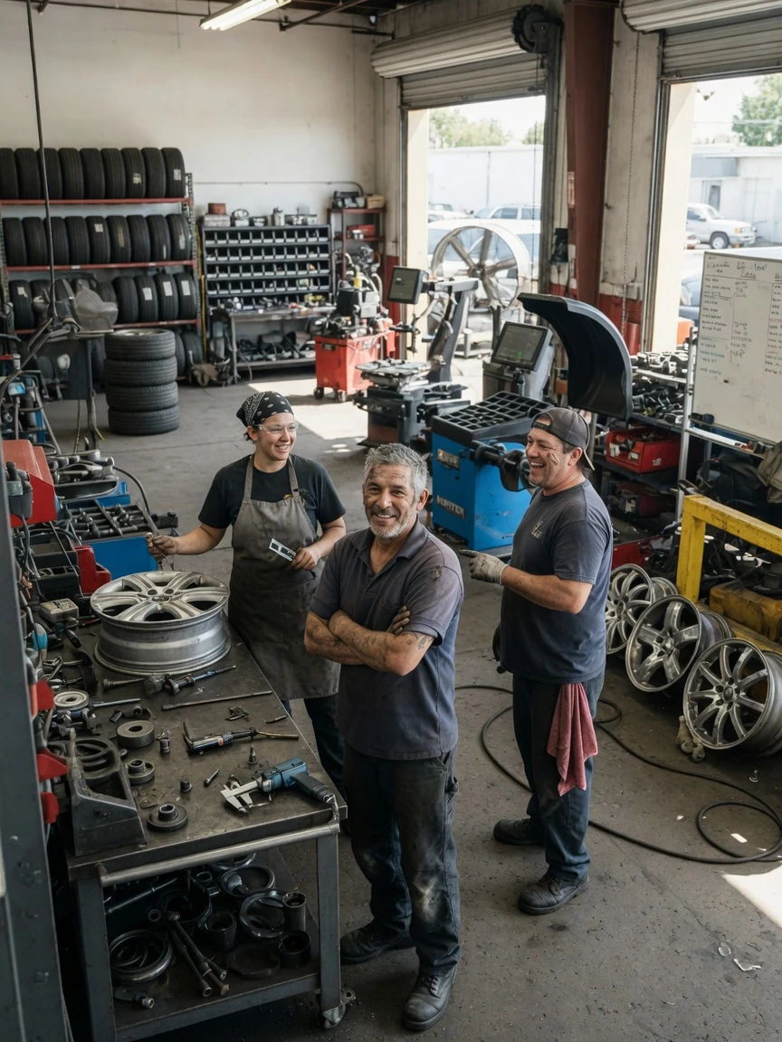 Three smiling mechanics pose together inside a busy automotive repair workshop.